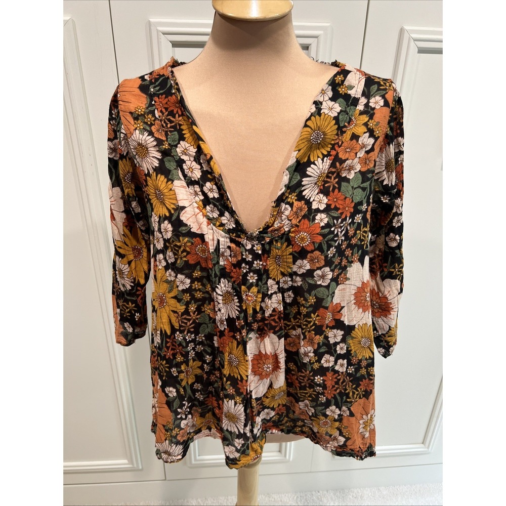 Natural Life Floral Cotton Blouse Fall Colors Retro Boho Hippie 70s Flower Child